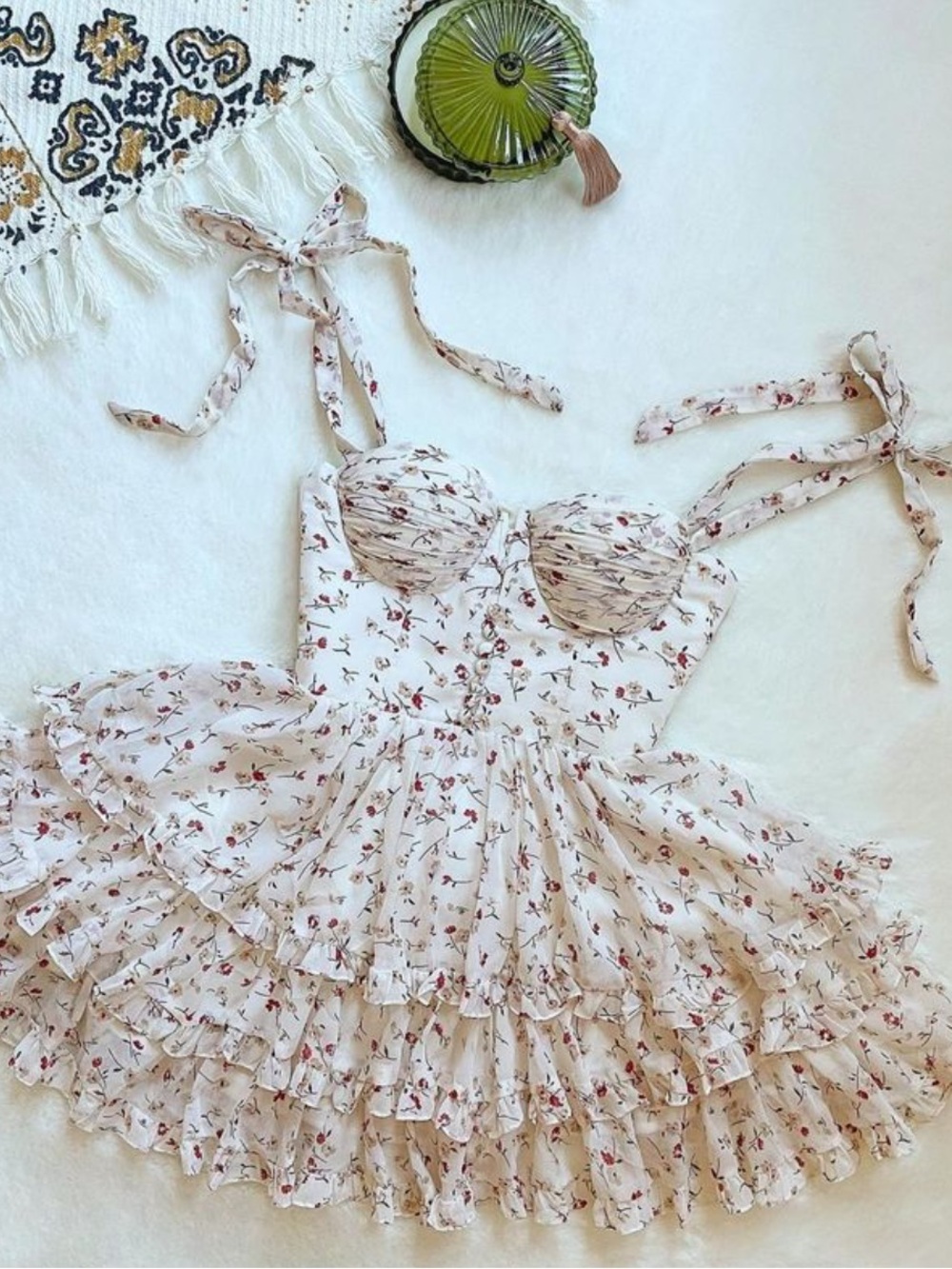 White Floral Ruffle Mini Dress with Tie Straps